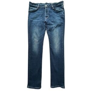 AllSaints REX Slim Tapered Jeans Mens 34x31 Blue Distressed Button Fly Denim
